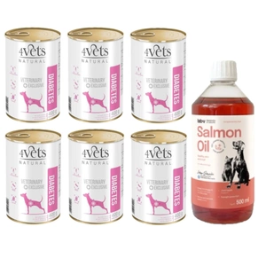 4Vets Dog Diabetes 6x400g + LAB V Lašišų aliejus šunims ir katėms 500ml