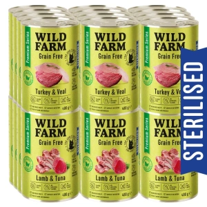WILD FARM Premium Grain Free Turkey and Veal / Lamb and Tuna 24x400g – be grūdų maistas kastruotiems katėms