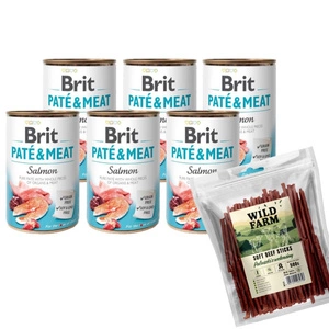 BRIT PATE & MEAT SALMON 6x400g + WILD FARM jautienos lazdelės 500g skanėstai šunims
