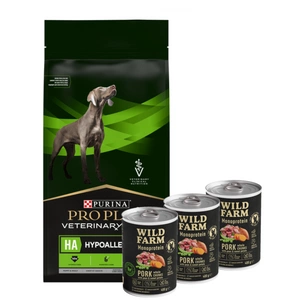 PURINA Veterinary PVD HA Hypoallergenic Dog 11kg + Wild Farm Monoprotein Pork 3x400g hipoalerginis maistas šunims