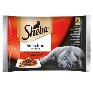 SHEBA paketėlis 4x85g "Selection in Sauce Juicy Flavours" - drėgnas kačių ėdalas padaže (su jautiena, su ėriena, su vištiena, su kalakutiena)