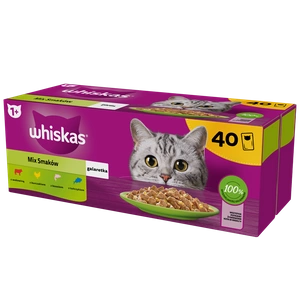 WHISKAS Adult paketėliai 40 x 85 g Fishy Treats - drėgnas maistas suaugusioms katėms drebučiuose (su lašiša, tunu, vištiena, jautiena)