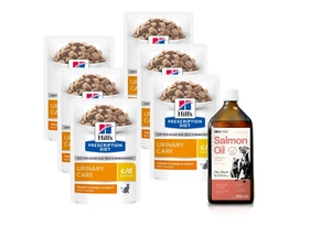 HILL'S PD Prescription Diet Feline c/d Multicare Chicken 6x85g paketėlis + Lab-V 100% lašišų aliejus įvairaus amžiaus šunims ir katėms 500ml šalto spaudimo