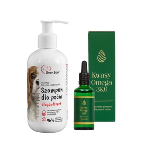 OVER ZOO Šampūnas ilgaplaukiams šunims 250ml + LAB-V Omega 3 ir 6 riebalų rūgštys bendrai šunų ir kačių sveikatos, kailio ir odos būklei gerinti 100ml