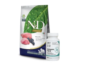 FARMINA N&D Prime canine LAMB & BLUEBERRY ADULT MEDIUM&MAXI DRY FOOD 12kg + LAB-V Immuno Hard - imuniteto stiprinimas šunims ir katėms 45 kapsulės