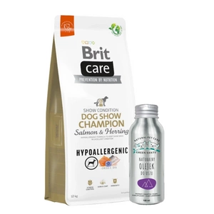 BRIT CARE Dog Hypoallergenic Dog Show Champion Lašiša ir silkė 12kg + NEMOKAMAS JM SANTE NATURAL EAR OIL šunims ir katėms 100 ml
