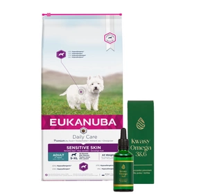 EUKANUBA Daily Care Adult Sensitive Skin 12kg + LAB-V Omega 3 ir 6 riebalų rūgštys bendrai šunų ir kačių sveikatos, kailio ir odos būklei gerinti 50ml