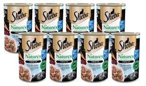 SHEBA skardinė 12x400 g Nature's Collection - drėgnas visavertis ėdalas suaugusioms katėms su balta žuvimi ir kepenėlėmis su morkų garnyru, terine