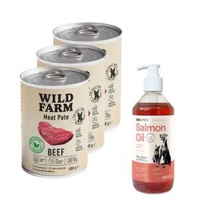 Wild Farm Pate Beef 3x400g ėdalas šunims be glitimo + LAB V Lašišų aliejus šunims ir katėms 500ml