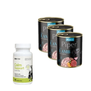 DOLINA NOTECI Piper šunims ėriena su morkomis 3x800g + LAB-V Calm Support - streso ir elgesio sutrikimų simptomų palaikymas 45 kapsulės