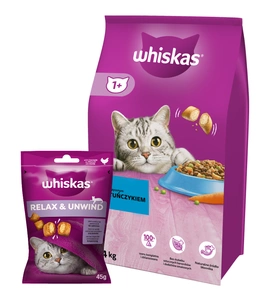 WHISKAS Adult 14kg - sausas kačių maistas su tunu ir daržovėmis + WHISKAS Relax & Relieve 45g