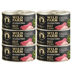 WILD FARM Fillets Beef&Chicken 6x70g - drėgnas kačių maistas be grūdų, filė sultinyje