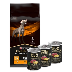 PURINA Veterinary PVD OM Obesity Management 12kg + Wild Farm Monoprotein Wild Boar 3x400g hipoalerginis šunų ėdalas