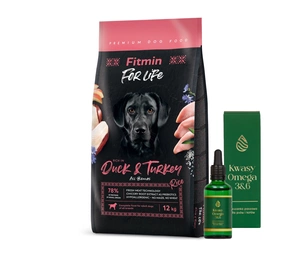 FITMIN dog For Life Duck & Turkey 12 kg + LAB-V Omega 3 ir 6 riebalų rūgštys bendrai šunų ir kačių sveikatos, kailio ir odos būklei gerinti 100ml
