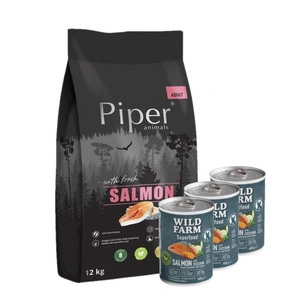 DOLINA NOTECI Piper Animals su lašiša 12 kg + Wild Farm Superfood Salmon lašiša 3x400 g pašaro šunims be grūdų