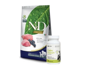 FARMINA N&D Prime canine LAMB & BLUEBERRY ADULT MEDIUM&MAXI DRY FOOD 12kg + LAB-V Calm Support - streso ir elgesio sutrikimų simptomų palaikymas 45 kapsulės