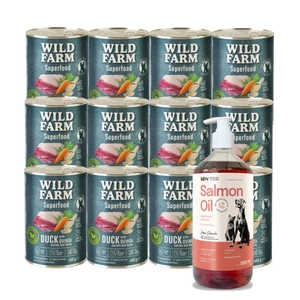 Wild Farm Superfood Duck 12x400 g pašaro šunims be grūdų + LAB V Lašišų aliejus šunims ir katėms 1000ml