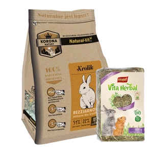 KORONA NATURY Natural-Vit triušių ėdalas 750g + VITAPOL Šienas stambiems graužikams 800g