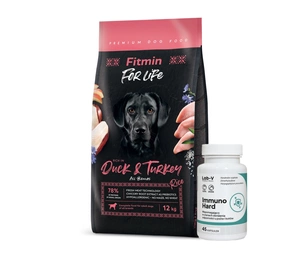 FITMIN dog For Life Duck & Turkey 12 kg + LAB-V Immuno Hard - imuniteto stiprinimas šunims ir katėms 45 kapsulės