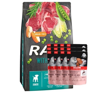 DOLINA NOTECI Rafi Junior sausas ėdalas šunims su ėriena 10 kg + PetRepublic JUNIOR 12x100g