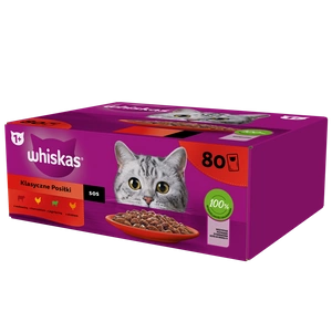 WHISKAS Adult paketėliai 80 x 85 g Classic Meals - drėgnas maistas suaugusioms katėms, su padažu (su jautiena, vištiena, ėriena, paukštiena)