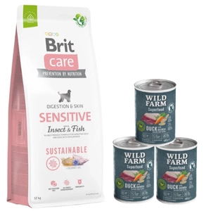 BRIT CARE Sustainable Sensitive Insect & Fish 12kg + Wild Farm Superfood Duck 3x400 g pašaro šunims be grūdų