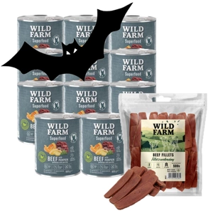 WILD FARM Superfood Beef (jautiena su moliūgais, bulvėmis ir petražolėmis) 12x800 g pašaro šunims be grūdų + nemokamas skanėstas