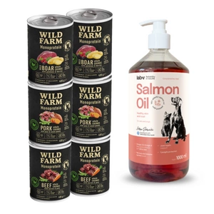 Wild Farm Monoprotein skonių mišinys 6x400g hipoalerginis šunų ėdalas + LAB V Lašišų aliejus šunims ir katėms 1000ml