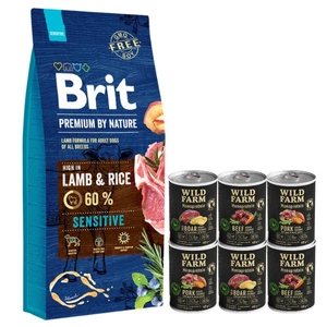 BRIT Premium By Nature Sensitive ėriena 15kg + WILD FARM Monoprotein hipoalerginis šunų maistas – skonių rinkinys 6x400g