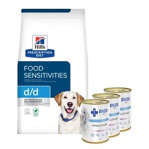 HILL'S PD Prescription Diet Canine d/d Duck and Rice 12kg + ENZO VET Hipoalerginė dieta su triušiena šunims 3x400g