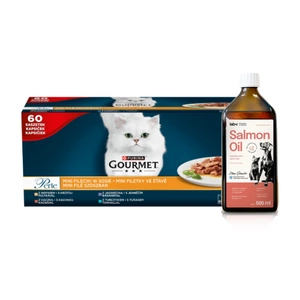 Purina Gourmet Perle Mini Filets in sauce Kačių maistas 60x85g + Lab-V 100% lašišų aliejus įvairaus amžiaus šunims ir katėms 500ml šalto spaudimo