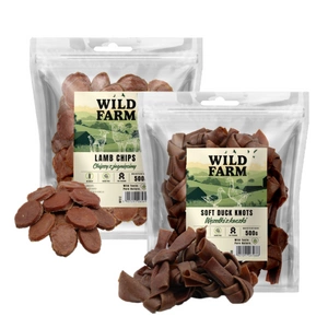 WILD FARM Duck Knots 500g + ėrienos traškučiai 500g skanėstai šunims