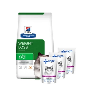 HILL'S PD Prescription Diet Feline r/d 3kg + ENZO VET Sterilizuota dieta sterilizuotoms katėms su kalakutiena želė 3x100g