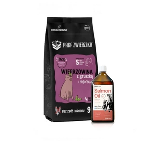 Paka Zwierzaka - Septintas dangus - Kiauliena su kriauše S 9kg + Lab-V 100% lašišų aliejus įvairaus amžiaus šunims ir katėms 500ml šalto spaudimo