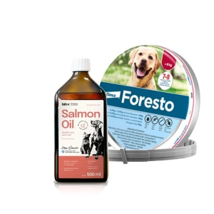 ELANCO Foresto Antkaklis šunims virš 8kg + Lab-V 100% lašišų aliejus įvairaus amžiaus šunims ir katėms 500ml šalto spaudimo