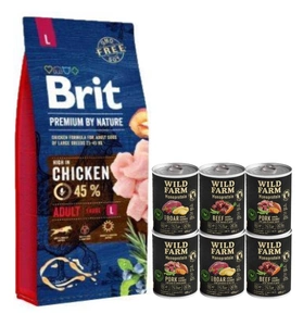 BRIT Premium By Nature Adult L 15kg + WILD FARM Monoprotein hipoalerginis šunų maistas – skonių rinkinys 6x400g