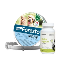 ELANCO Foresto Antkaklis katėms ir šunims sveriantiems mažiau nei 8kg + LAB-V Calm Support - streso ir elgesio sutrikimų simptomų palaikymas 45 kapsulės