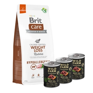BRIT CARE Weight Loss Rabbit 12kg + Wild Farm Monoprotein Beef 3x400g hipoalerginis maistas šunims