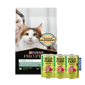 PRO PLAN LiveClear Maistas suaugusiems katėms po sterilizacijos, turtingas lašiša, 1,4 kg + WILD FARM Premium Grain Free Lamb and Tuna 3x400g - sterilizuotų kačių