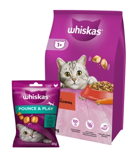 WHISKAS Adult 14kg - sausas kačių ėdalas su jautiena ir daržovėmis + WHISKAS Energy and Vitality 45g