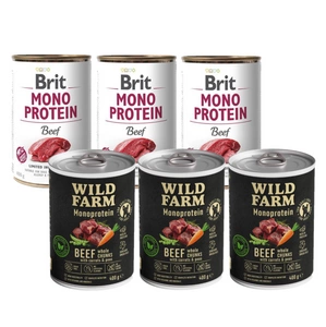 BRIT MONO PROTEIN BEEF 3x400g + Wild Farm Monoprotein Beef 3x400g hipoalerginis maistas šunims
