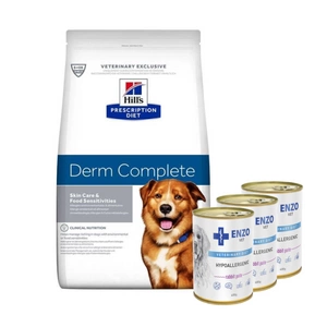 HILL'S PD Prescription Diet Canine Derm Complete 12kg + ENZO VET Hipoalerginė dieta su triušiena šunims 3x400g