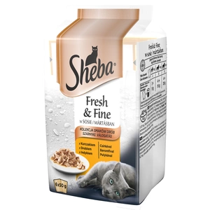 SHEBA paketėlis 6x50g + 6x50g Fresh & Fine - kačių maistas padaže (vištiena, paukštiena, kalakutiena) 1+1 NEMOKAMAI (PROPAGANDINIS PAKETAS)