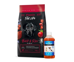 FITMIN For Life Beef & Rice 12kg + LAB V Lašišų aliejus šunims ir katėms 500ml