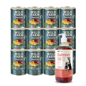 Wild Farm Superfood Beef 12x400 g pašaro šunims be grūdų + LAB V Lašišų aliejus šunims ir katėms 1000ml