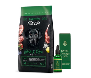 FITMIN dog For Life Lamb & Rice 12 kg + LAB-V Omega 3 ir 6 riebalų rūgštys bendrai šunų ir kačių sveikatos, kailio ir odos būklei gerinti 100ml