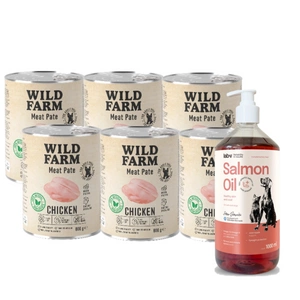 WILD FARM Pate Chicken 6x800g ėdalas šunims be glitimo + LAB V Lašišų aliejus šunims ir katėms 1000ml