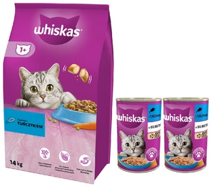 WHISKAS Adult 14kg - sausas kačių maistas su tunu ir daržovėmis + WHISKAS Adult skardinė 2x400g