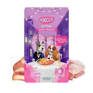 MOOCHIE Love Puree Chicken & Smoked Bacon 4x15g šunų skanėstai su vištienos ir rūkytos lašinės skoniu
