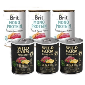 BRIT MONO PROTEIN TUNA & SWEET POTATO 3x400g + Wild Farm Monoprotein Wild Boar 3x400g hipoalerginis šunų ėdalas